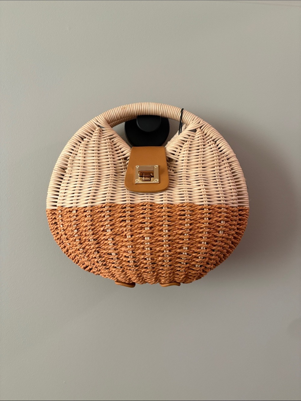 Zara Two-Tone Round Woven Mini Bag - Cream & Tan